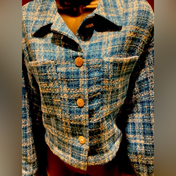 ZARA BLUE TWEED CROPPED LONG SLEEVE RHINESTONE BUTTON OVERSIZED JACKET SZ. L - Picture 4 of 15